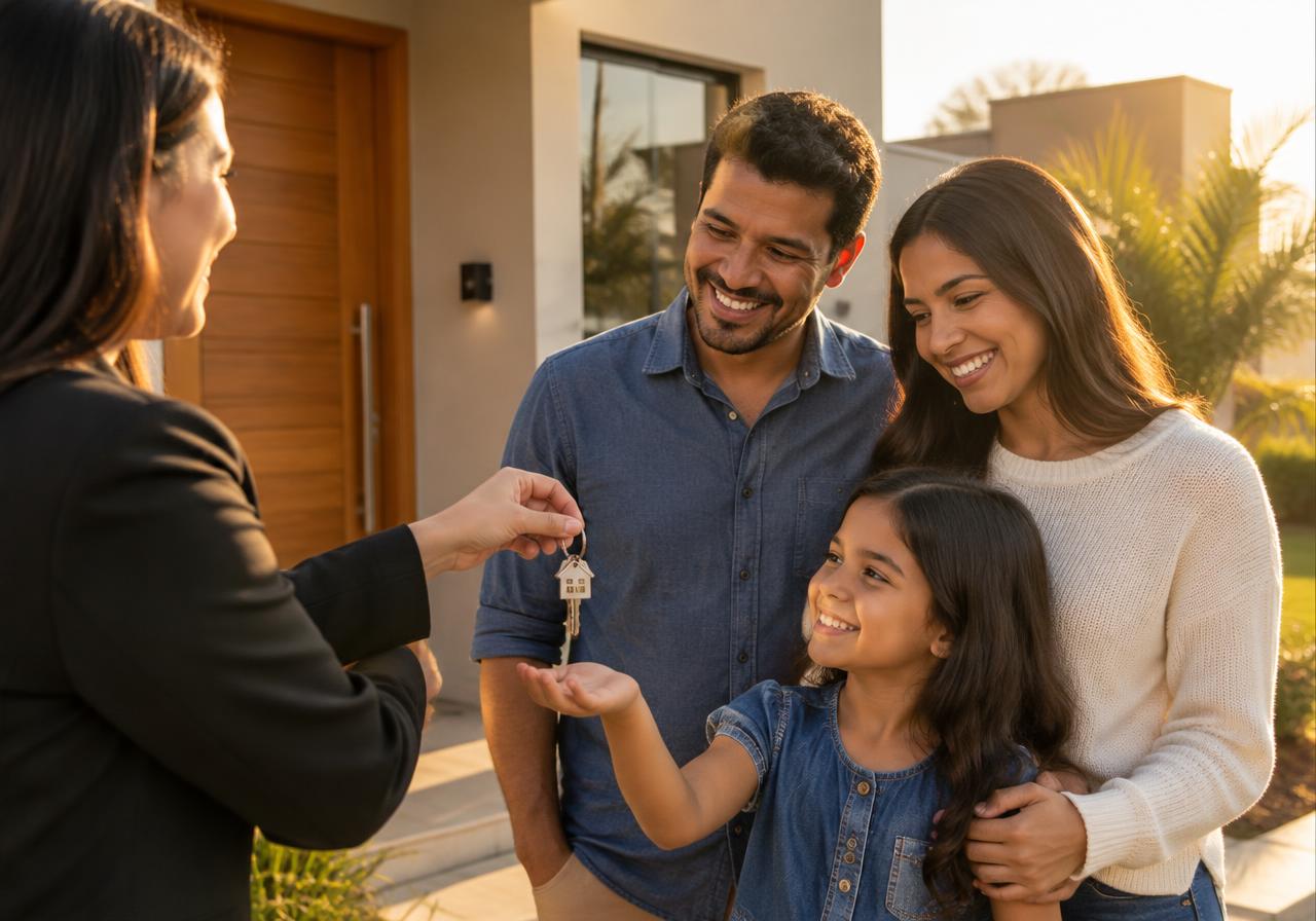 Família recebendo as chaves do novo lar